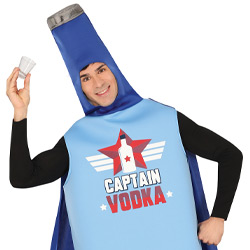 A male model wearing a vodka themed superhero costume that is in the shape of a bottle and reads Captain Vodka on the chest 