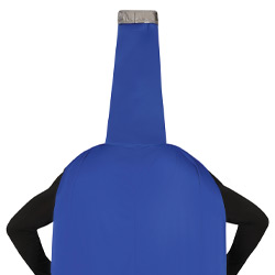 The back of a male model wearing a vodka themed superhero costume that is in the shape of a bottle with a cap shaped hat