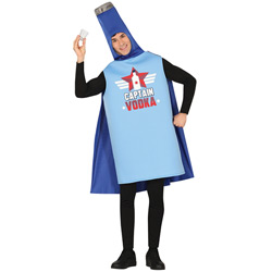 A male model wearing a vodka themed superhero costume that is in the shape of a bottle and reads Captain Vodka on the chest