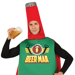 A man wearing a beer bottle themed fancy dress costume that has a bottle top for a hat and beer man on the chest in a super hero style 