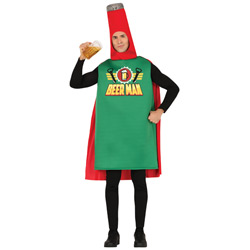 A man wearing a beer bottle themed fancy dress costume that has a bottle top for a hat and beer man on the chest in a super hero style 