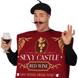 A full length picture of a male model wearing a French beret, a French-looking moustache and a wine box stag do costume