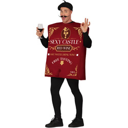 A male model wearing a French beret, a French-looking moustache and a wine box stag do costume