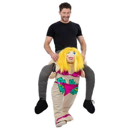 A man wearing a piggyback stripper costume which is a costume where it looks like you are getting a piggyback from a blonde stripper that has several dollar bills tucked into her thong