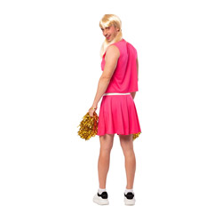 A male model looking over his shoulder wearing a pink 