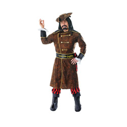 A male model with a wig and moustache wearing a pirate costume consisting of a brown hat, long brown jacket, black/red striped trousers and boot tips who has lifted his coat up with a sign reading ce