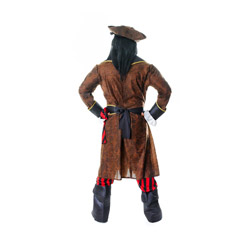 A back view of a male model wearing a hat and moustache wearing a pirate costume consisting of a brown hat, long brown jacket, black/red striped trousers and boot tips 