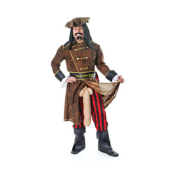 A male model wearing a hat and moustache wearing a pirate costume consisting of a brown hat, long brown jacket, black/red striped trousers and boot tips who has lifted his coat up to reveal a large wi