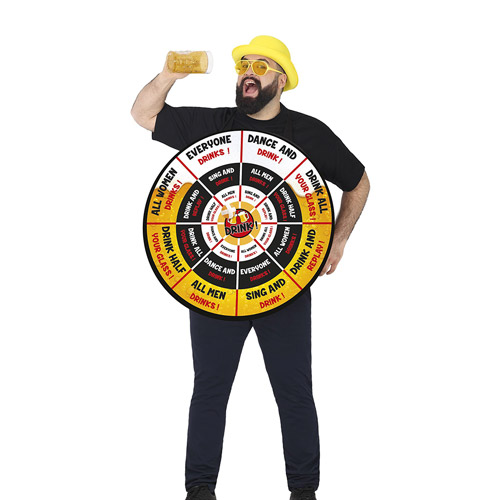 A male model wearing a darts board costume that's also a drinking game whilst posing like he is about to drink a beer 