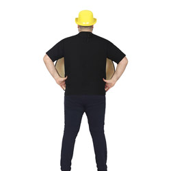 A back view of a male model wearing a darts board costume