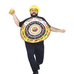 A male model wearing a darts board costume that's also a drinking game 