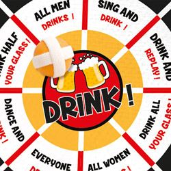 Close up of darts board costume with a ball stuck to it and different instructions like Sing and Drink and All men drink