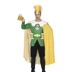 A male model wearing a beer king outfit consisting of a beer shaped hat, yellow cape and green top with a belt that has two beer holders 