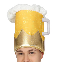 Close up of a male model wearing a beer shaped hat that's a beer mug coming out of a crown with a frothy looking top and a white handle 