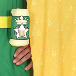 Close up of the beer holder on the beer king costume which has a little beer icon on it and room for a real beer 