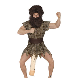 A male model in a rude stag do caveman costume with a leopard print tunic that has a willy hanging between his legs, brown belt, brown wig and big brown bushy beard 