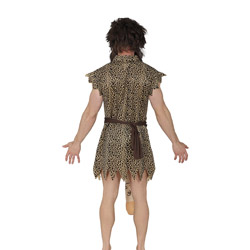 A back view of a male model in a rude stag do caveman costume with a leopard print tunic that has a willy hanging between his legs, brown belt, brown wig and big brown bushy beard 