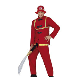 A male model wearing a rude stag do fireman costume with red trousers, red fireman jacket, a fireman hat and a hose coming from the groin area