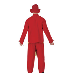 A back view of a male model wearing a rude stag do fireman costume with red trousers, red fireman jacket, a fireman hat and a hose coming from the groin area