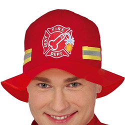 A male model wearing a fireman hat that reads Sexy Fire Department with a graphic of a willy that is spurting water to put out a fire 