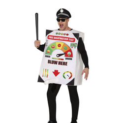 A male model wearing a Breathalyser stag do Costume which is a tunic of a breathalyzer with a bit you can blow into reading blow here worn with a police hat, baton and shades 
