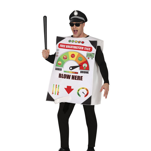 A male model wearing a Breathalyser stag do Costume which is a tunic of a breathalyzer with a bit you can blow into reading blow here worn with a police hat, baton and shades 