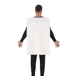 A back view of a male model wearing a Breathalyser stag do Costume from the back is a white tunic with nothing on it as the detail is on the front 
