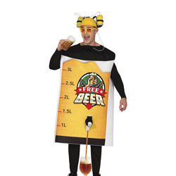 A male model wearing a stag do costume that consists of a tunic reading free beer with a beer tap placed in the groin area modelled with a hat with beer stuck to it and a stein in the model's hand 