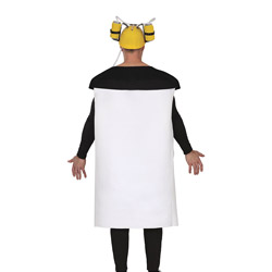 A male model wearing a free beer stag do costume which from the back is a plain white tunic because the detail is on the front 