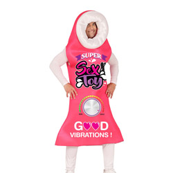 A male model pulling a goofy expression dressed in a rude vibrator stag do outfit consisting of a pink vibrator tunic that reads super sex toy good vibrations 