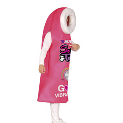 A male model pointing to his chest dressed in a rude vibrator stag do outfit consisting of a pink vibrator tunic that reads super sex toy good vibrations 