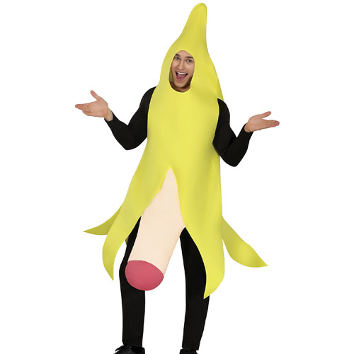 A male model wearing a banana stag do costume where the bottom bit of the banana looks like a willy