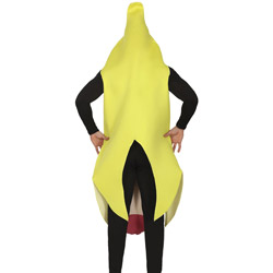 A back view of a male model wearing a banana stag do costume where the bottom bit of the banana looks like a willy