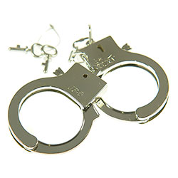 Novelty Silver Metal Hand Cuffs On White Background