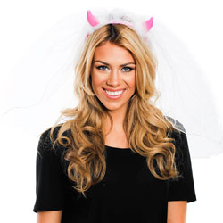 White and Pink Devil Horns With Veil On Model