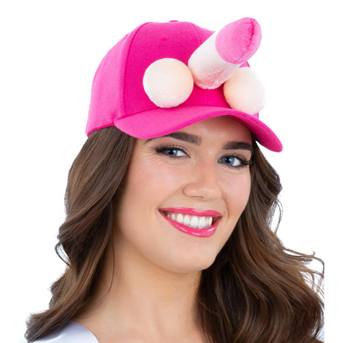 Woman wearing a willy cap on a white background
