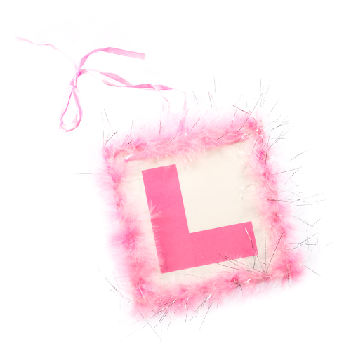 Pink Feather L Plate With Silver Tinsel