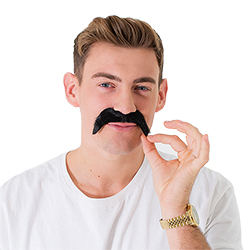 Model Wearing Thick Black Moustache