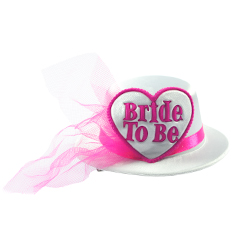 Front Facing Model Wearing Small White and Pink Bride To Be Hat