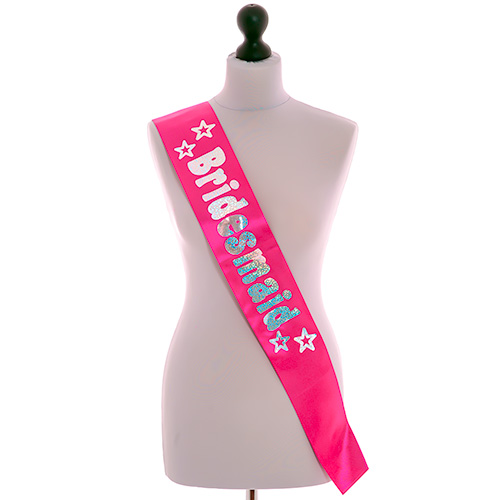 Hot Pink Bridesmaid Sash With Shiny Silver Text