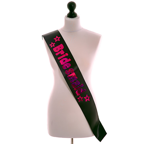 Black Bridesmaid Sash With Hot Pink Shiny Text 
