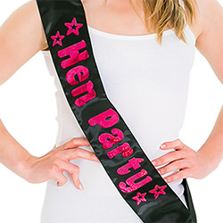 Black hen party sash modelled with a white top