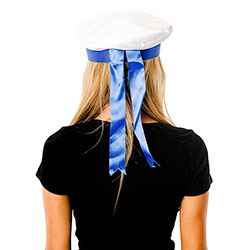 Woman in Sailor Hat In White With Blue Ribbon rear view