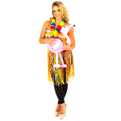 Wearing the skirt and holding a flamingo