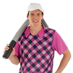 A model dressed as a golfer posing with the club.