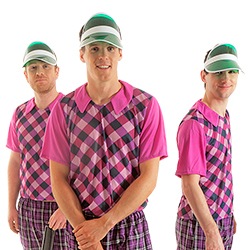 Three golfers wearing the visors
