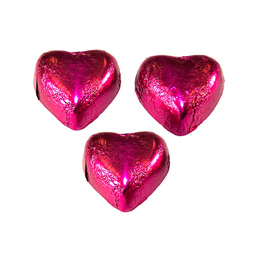 Rose chocolate hearts in pink foil wrapping