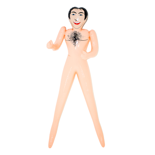 An inflated male doll with a hairy chest