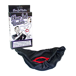 A pair of black blow job undies laid out in front of their packaging