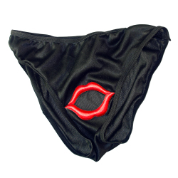 A pair of black Blow Job Undies with red lips on them